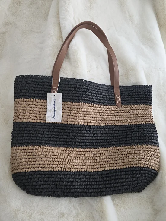 Tommy Bahama Striped Straw Beach Tote Bag in Black & Tan - Picture 2 of 4